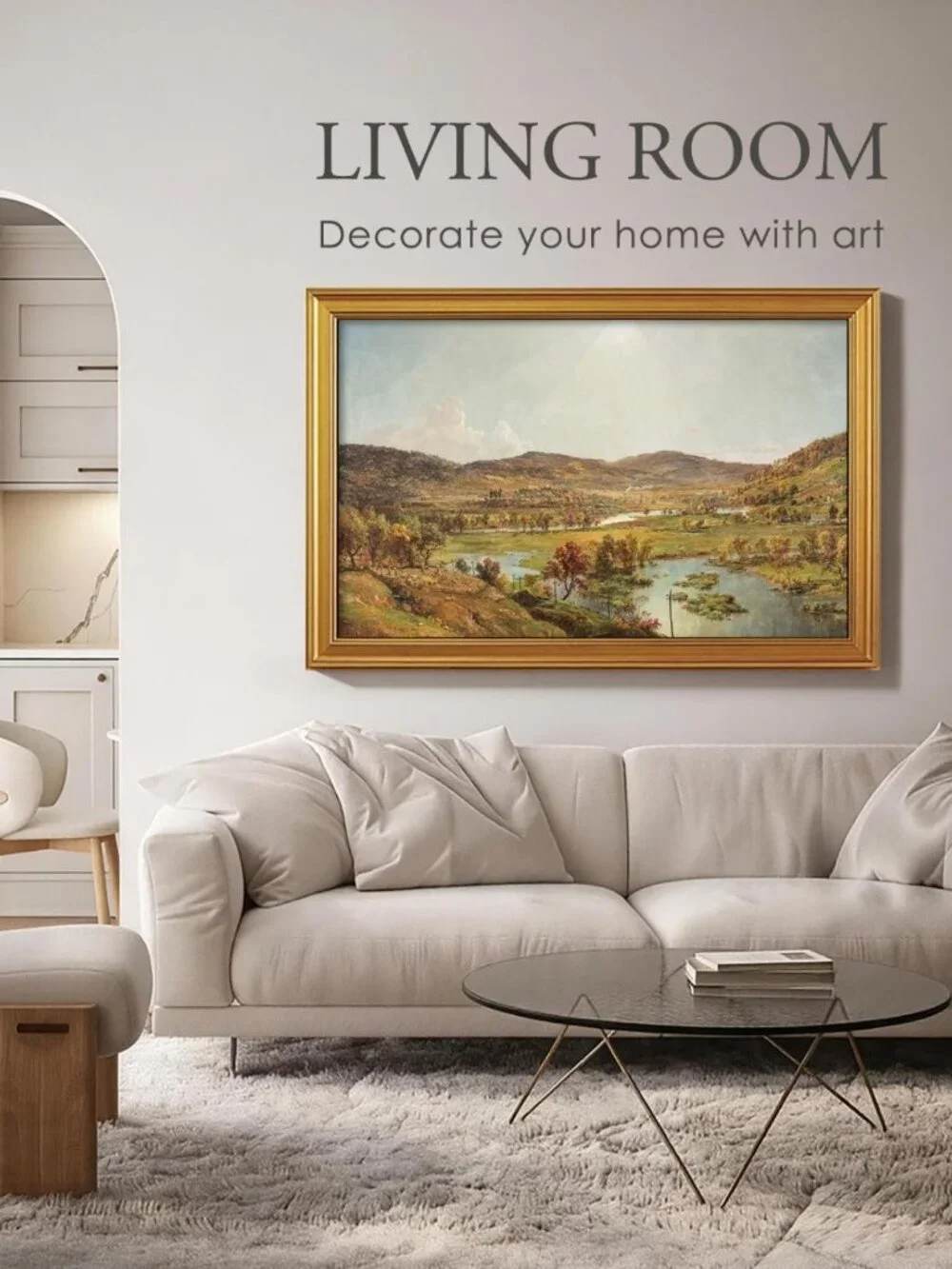 Large Gold Framed Autumn River Valley Wall Art - 24x36 Inch Home Decor